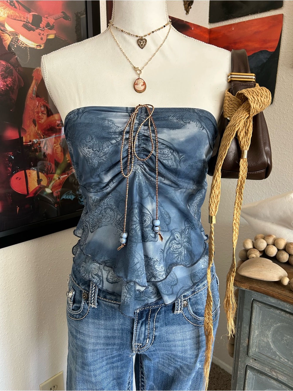 Y2K Fairy Asymmetrical Tube Top Size S Beads Lettuce Hem Paisley Boho Festival